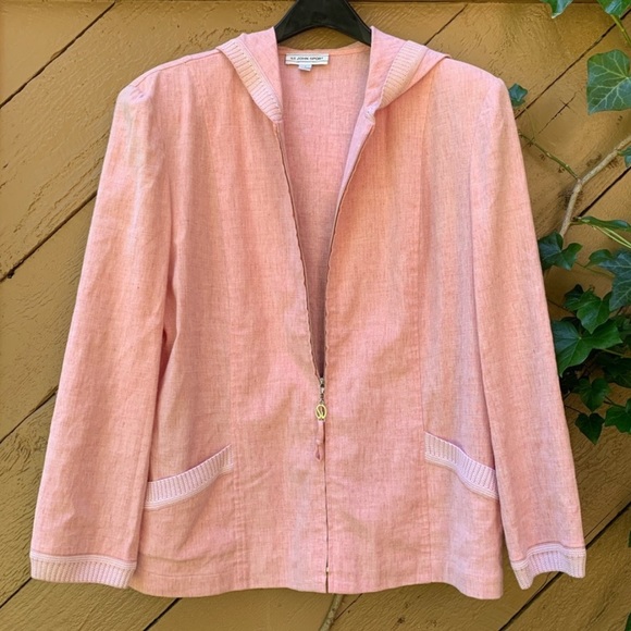 St. John Jackets & Blazers - St. John Sport Linen zip-up hooded light pink textured woven knit trim Jacket S